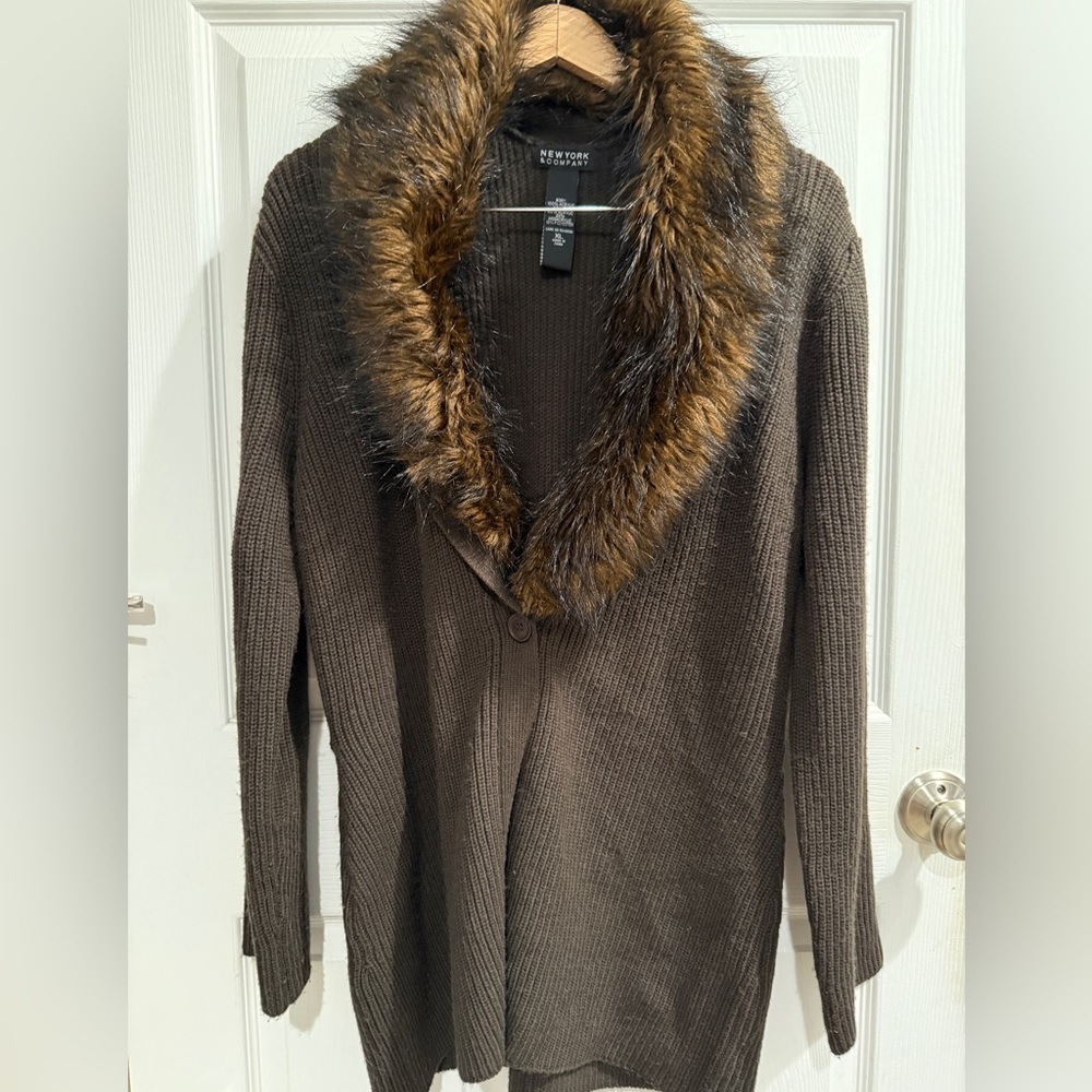 New York & Company Brown Cardigan with Faux Fur Collar is removable